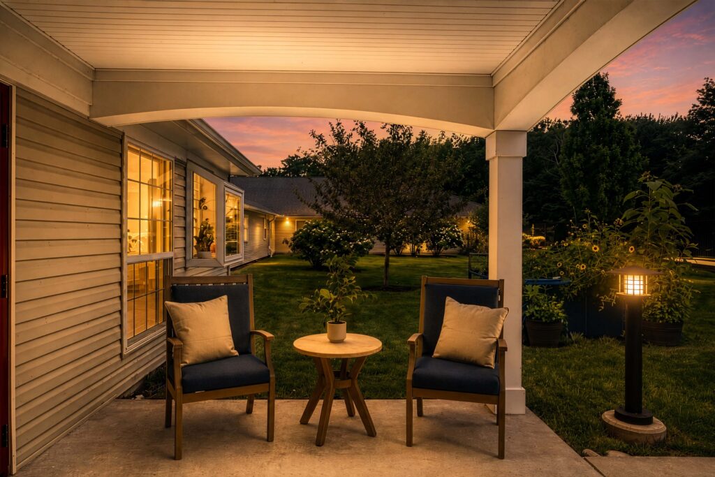 Covered porch nook at Artis Senior Living of Huntingdon Valley with two armchairs, a small side table, and a view of the landscaped backyard at dusk.