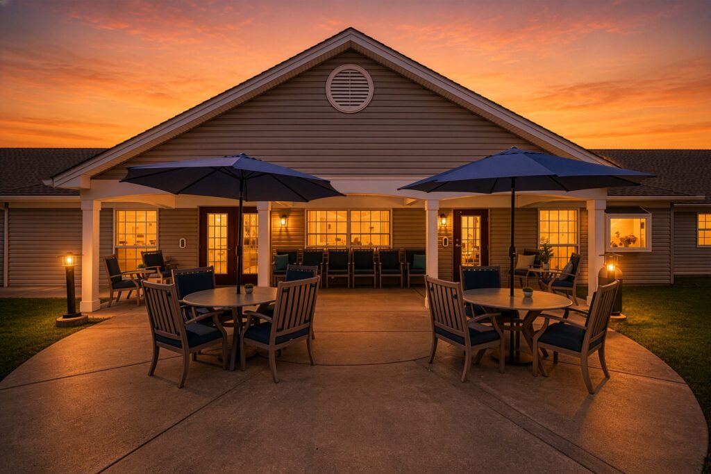 Outdoor patio at Artis Senior Living of Huntingdon Valley with round tables, navy umbrellas, and seating beneath a covered porch at dusk.