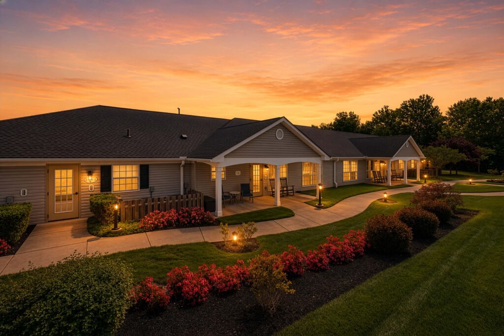 Dusk view of Artis Senior Living of Huntingdon Valley showing a covered front porch entrance with white columns, rocking chairs, and landscaped walkways lined with flowering shrubs.